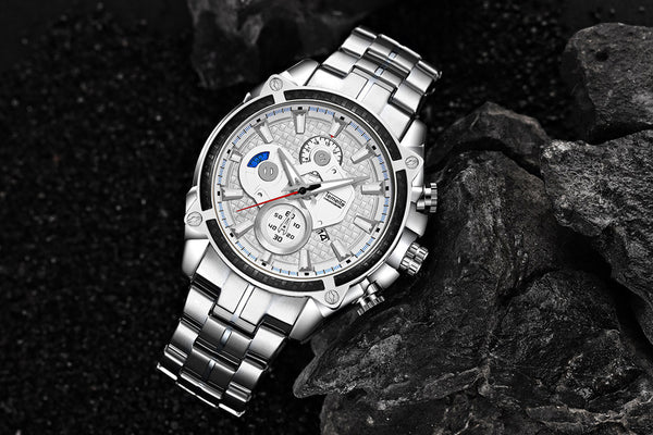 Men's Fashion Casual Waterproof Watch with Luminous Three Eyes and Steel Band