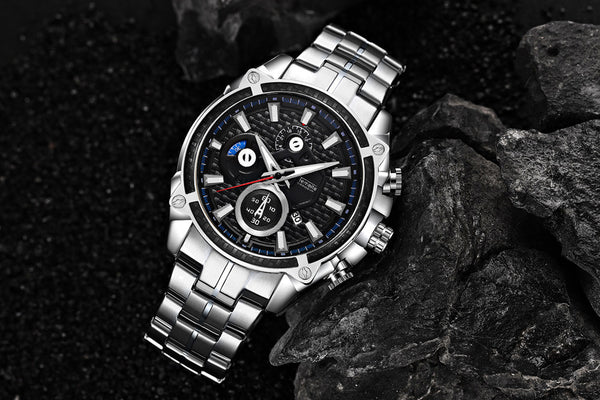 Men's Fashion Casual Waterproof Watch with Luminous Three Eyes and Steel Band