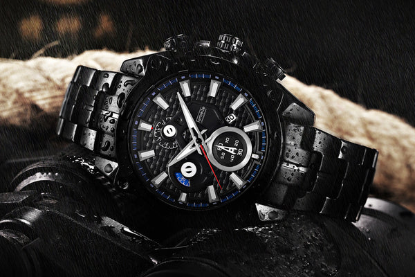 Men's Fashion Casual Waterproof Watch with Luminous Three Eyes and Steel Band