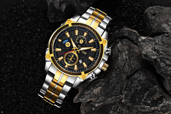 Men's Fashion Casual Waterproof Watch with Luminous Three Eyes and Steel Band