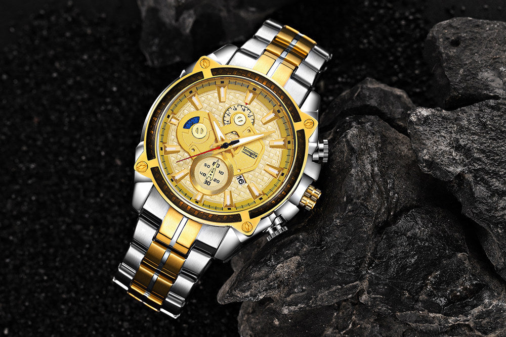 Men's Fashion Casual Waterproof Watch with Luminous Three Eyes and Steel Band