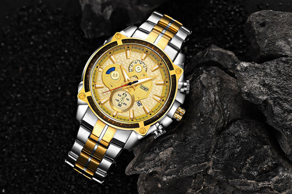 Men's Fashion Casual Waterproof Watch with Luminous Three Eyes and Steel Band